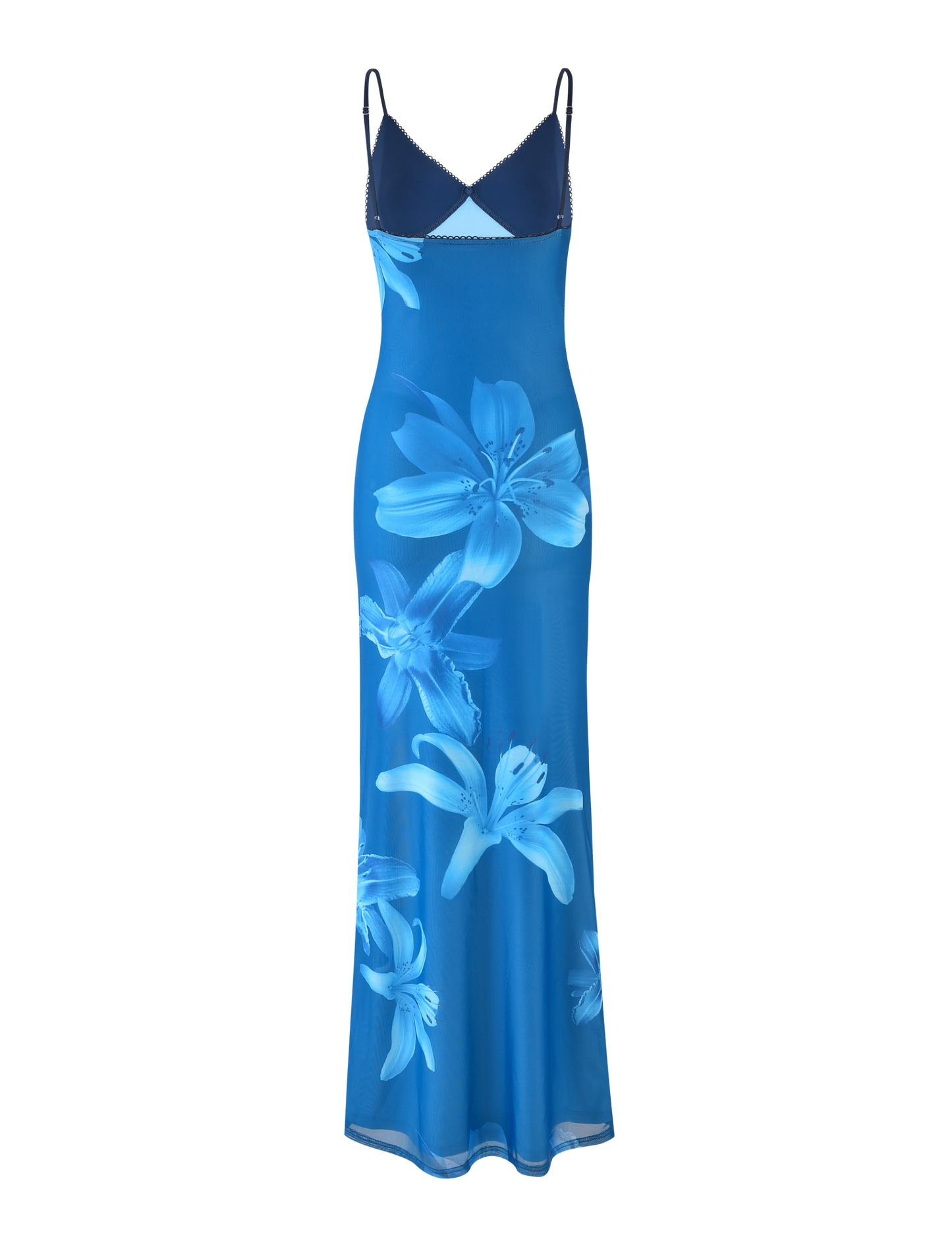 The TIGERMIST ALAINA DRESS - BLUE ORCHID is a fully lined maxi slip dress featuring adjustable spaghetti straps, a bold blue orchid floral print, and a sleeveless design for standout style.