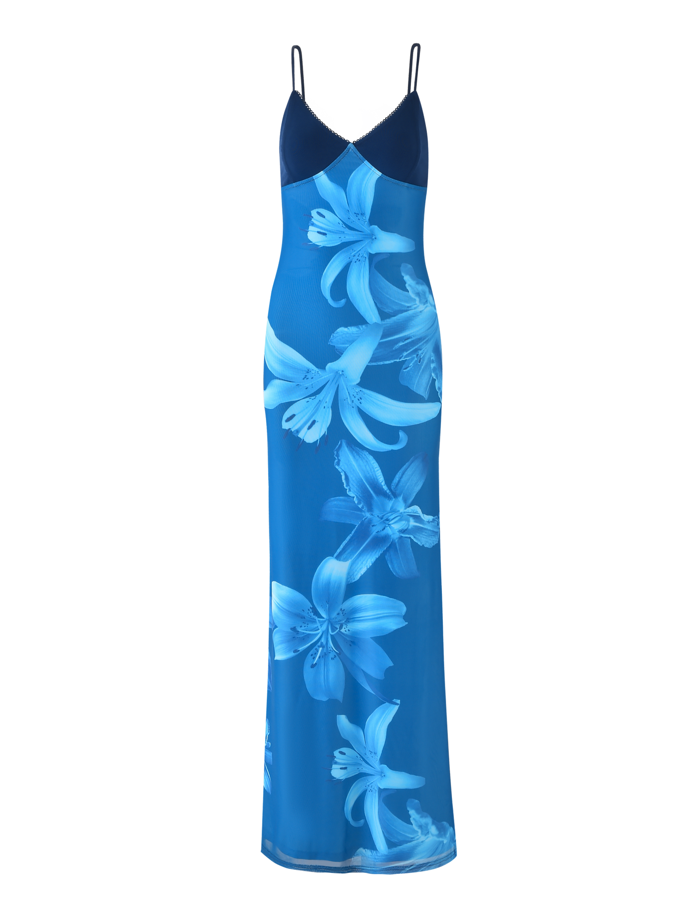 The ALAINA DRESS - BLUE ORCHID by TIGERMIST is a sleeveless, fully lined maxi dress with adjustable spaghetti straps, a fitted bodice, and a bold light blue floral print throughout.