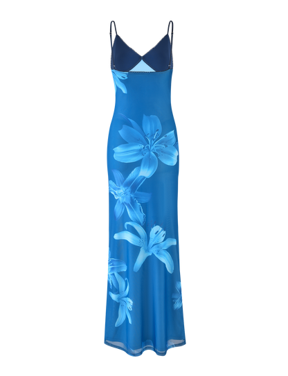 The TIGERMIST ALAINA DRESS - BLUE ORCHID is a fully lined maxi slip dress featuring adjustable spaghetti straps, a bold blue orchid floral print, and a sleeveless design for standout style.